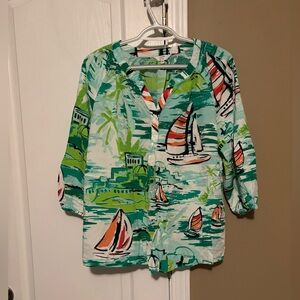 Women’s Crown & ivy Green, Teal and Coral Sailboat Print Blouse SzXL 3/4 Sleeve